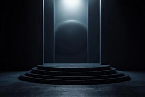 A futuristic podium with an illuminated sphere in a dark atmosphere. photo