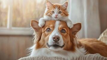 A playful kitten sitting on the head of a friendly dog, showcasing their adorable friendship. photo