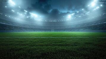 A vibrant football field under stadium lights, showcasing a lush green pitch in an atmospheric setting. photo