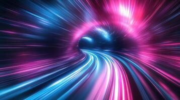 A vibrant abstract tunnel of colorful light rays in blue and pink, creating a sense of speed and movement. photo