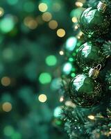 Glistening green Christmas ornaments hanging on a festive tree, creating a vibrant holiday atmosphere. photo