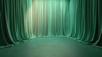 Green curtain backdrop with illuminated space, ideal for presentations or photo shoots.