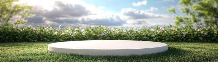 Empty platform in lush greenery under a bright blue sky with clouds, perfect for presentations or product placements. photo