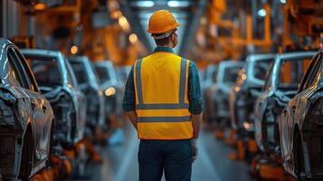 Worker in safety gear observes car assembly line in a modern factory setting. photo