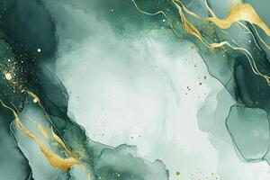 Abstract green and gold watercolor design with flowing shapes and textures, perfect for backgrounds. photo
