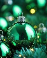 Green Christmas ornaments shining brightly against festive greenery. photo