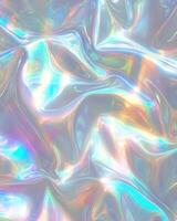 Shimmering holographic texture with fluid patterns and vibrant colors on a smooth surface. photo