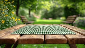 A wooden table set in a lush garden, featuring a green checkered tablecloth, surrounded by nature. photo