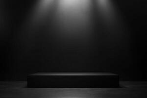Minimalist black platform with spotlighting against a dark background, ideal for presentations or displays. photo