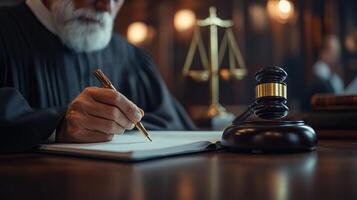 Judge writing notes in a courtroom with a gavel symbolizing justice. photo