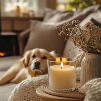 Cozy living room with a dog, lit candle, and dried flowers on a table. photo