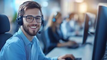 Smiling customer service representative at a desk with a headset and computer, engaging with clients. photo