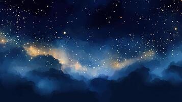 Starry night sky with clouds and glowing stars, creating a serene and tranquil atmosphere. photo