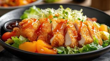 Delicious chicken salad with crispy breaded chicken, fresh vegetables, and tangy sauce served in a black bowl. photo