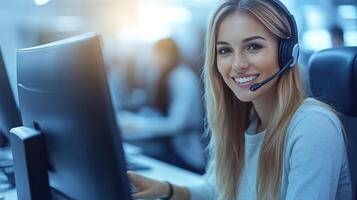 Cheerful call center agent offering support on headset at computer desk. photo