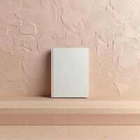 Blank book on a wooden shelf against a textured wall backdrop. photo
