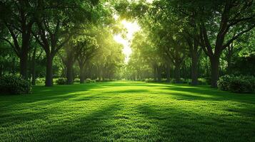 Lush green park with sunlight filtering through trees, creating a serene and tranquil atmosphere. photo