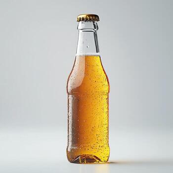 Glass bottle of refreshing golden beverage, close-up on white isolated background. photo