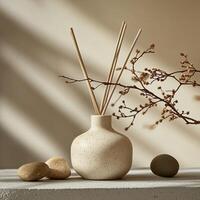 A minimalist vase with natural reeds and stones on a neutral surface, creating a calming home decor atmosphere. photo