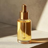 Golden oil dropper bottle reflecting light on a textured surface, perfect for beauty and skincare themes. photo
