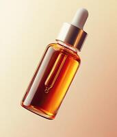 Luxury glass dropper bottle with organic oil, isolated on a soft gradient background. photo