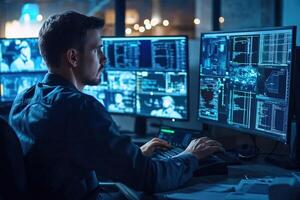 Focused man working on multiple screens with data analysis in a modern workspace. photo