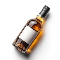 Bottle of whiskey on a white isolated background, showcasing the amber liquid and blank label for customization. photo