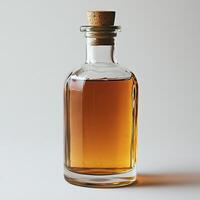Clear glass bottle with cork filled with amber liquid on a white isolated background. photo