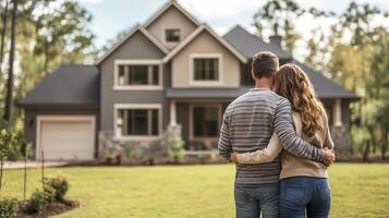 Couple standing together in front of their beautiful home, embracing in a peaceful outdoor setting. photo