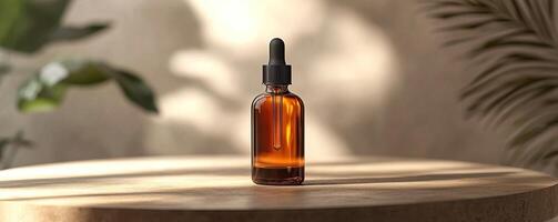 Brown glass dropper bottle on wooden table with soft sunlight and greenery, perfect for natural product marketing. photo