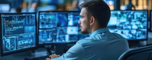 Focused man analyzing data on multiple screens in a modern office environment. photo