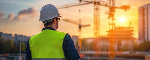 Construction worker observing a site at sunset, wearing safety gear and hard hat near cranes and buildings. photo