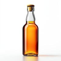 Amber glass bottle with a cork cap, isolated on a white background. photo
