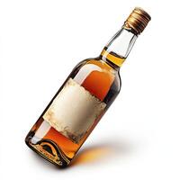 A bottle of amber liquor with a blank label on a white background, ideal for various beverage designs. photo