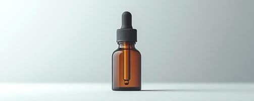 Amber dropper bottle placed on a minimalist background for essential oils or serums. photo