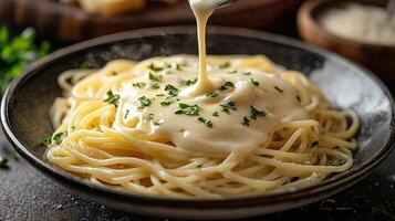 Delicious pasta topped with creamy sauce and garnished with parsley on a rustic table. photo