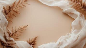 Elegant arrangement of ferns and soft fabric on a neutral background, perfect for organic and aesthetic themes. photo