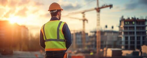 Construction worker observing project at sunset, safety gear, urban skyline in background. photo