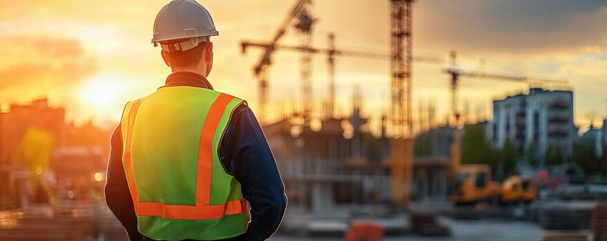 Construction worker observing the site at sunset, with cranes and buildings in the background. photo
