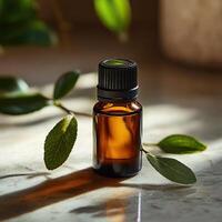 Essential oil bottle with leaves on a marble surface, natural light highlights the amber glass. photo