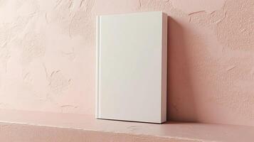 Blank book on shelf against textured pink wall, minimalistic design for creative projects. photo