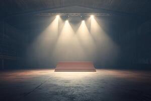 Stage with dramatic lighting in an empty hall, creating a perfect atmosphere for performance. photo