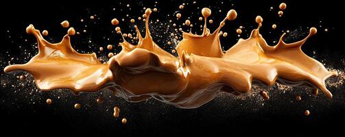 Dynamic splash of creamy coffee or caramel liquid on a dark background, highlighting movement and texture. photo