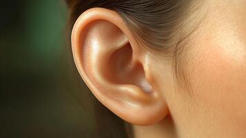 Close-up of a human ear, showcasing fine details and skin textures. photo