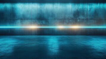 Futuristic scene with neon blue lights illuminating a concrete wall and floor, creating a vibrant ambiance. photo