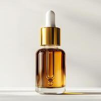 Stylish dropper bottle with golden cap on a white isolated background. photo