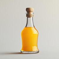 A glass bottle filled with orange liquid, featuring a wooden cork on a simple light background. photo