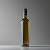 Olive oil bottle against a gray background, showcasing its elegant design and rich color. photo