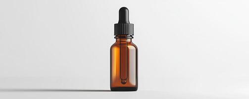Amber glass dropper bottle isolated on white background, perfect for essential oils or liquid supplements. photo