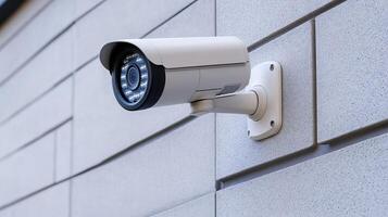 Security camera mounted on a modern building wall for surveillance and safety. photo